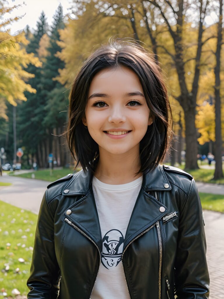 a young teen babe, dark jet hair, smile, in emo style, wears a thin, tight leather jacket, natural spring in backdrop