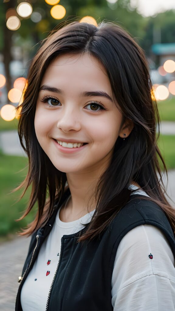 a young teen babe, dark hair, smile, in emo style