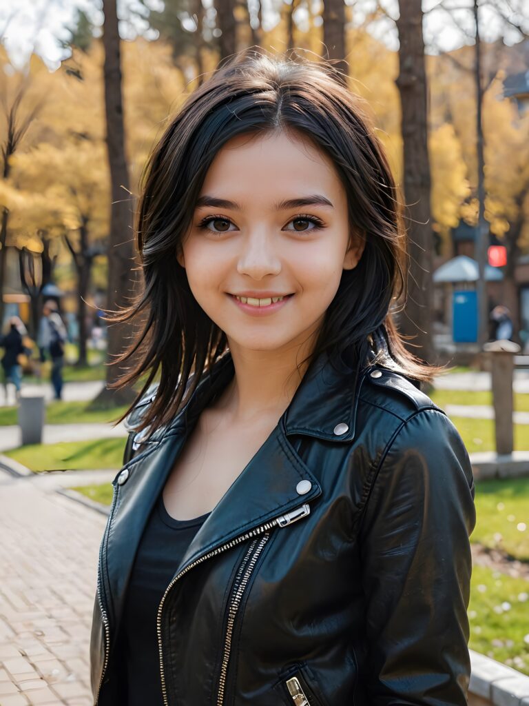 a young teen babe, dark jet hair, smile, in emo style, wears a thin, tight leather jacket, natural spring in backdrop