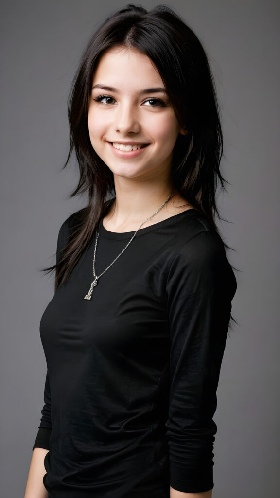 a young teen babe, dark hair, smile, in emo style, plain dark dressed