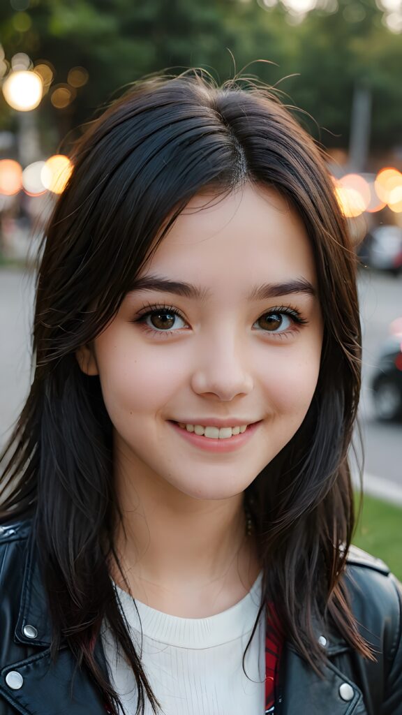 a young teen babe, dark hair, smile, in emo style