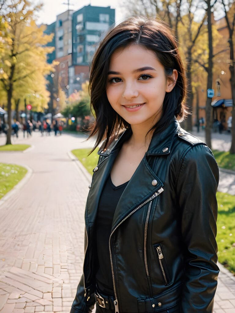 a young teen babe, dark jet hair, smile, in emo style, wears a thin, tight leather jacket, natural spring in backdrop