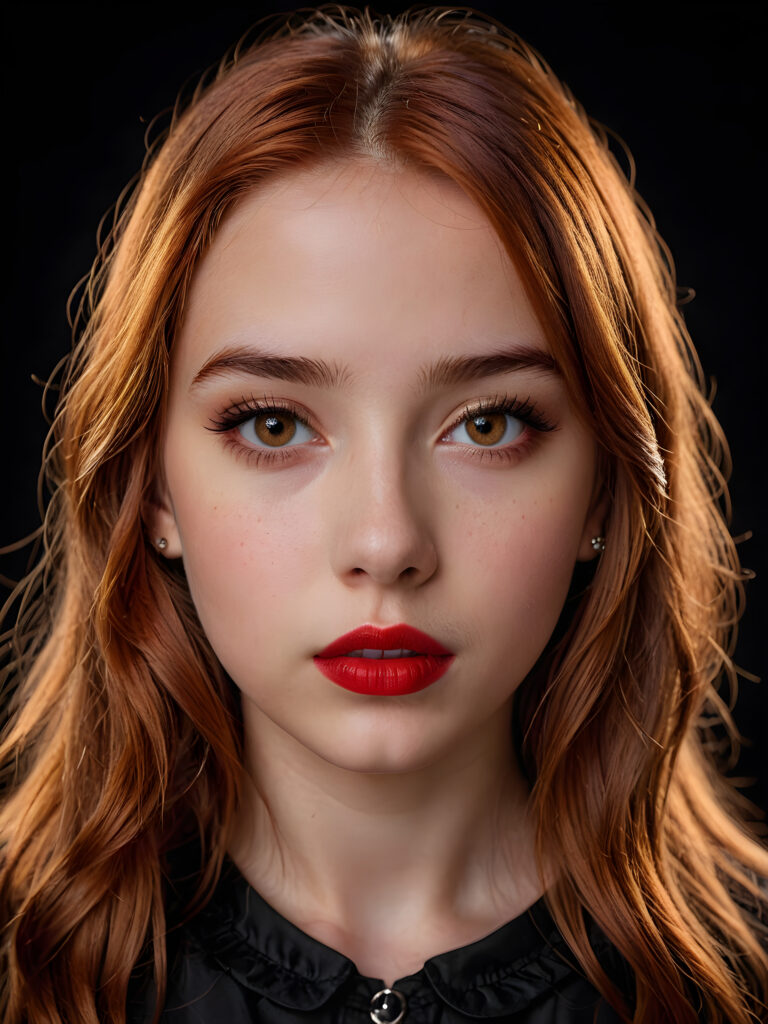 a young teen girl ((stunning)) ((gorgeous)) ((detailed close-up portrait)) ((dark black background)) ((weak light illuminates the image)) ((amber eyes)) ((straight hair)) ((red hair)), she has her mouth slightly open and looks seductively at the viewer, ((full red lips))