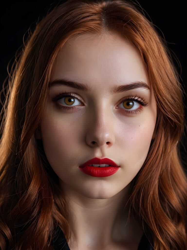 a young teen girl ((stunning)) ((gorgeous)) ((detailed close-up portrait)) ((dark black background)) ((weak light illuminates the image)) ((amber eyes)) ((straight hair)) ((red hair)), she has her mouth slightly open and looks seductively at the viewer, ((full red lips))