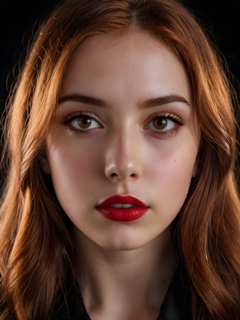 a young teen girl ((stunning)) ((gorgeous)) ((detailed close-up portrait)) ((dark black background)) ((weak light illuminates the image)) ((amber eyes)) ((straight hair)) ((red hair)), she has her mouth slightly open and looks seductively at the viewer, ((full red lips))