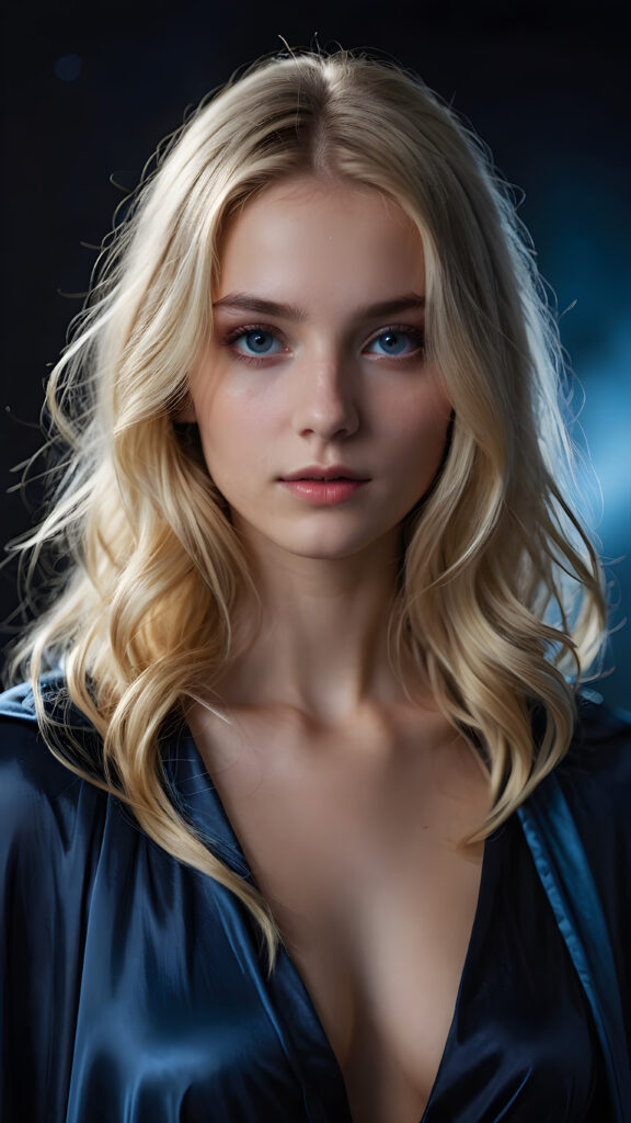 a young teen girl in a thin silk cloak with blonde, detailed hair, close-up, a blue aura surrounds her, she has a perfect body, ((stunnung)) ((mysterious)) ((dark background)) (round face)