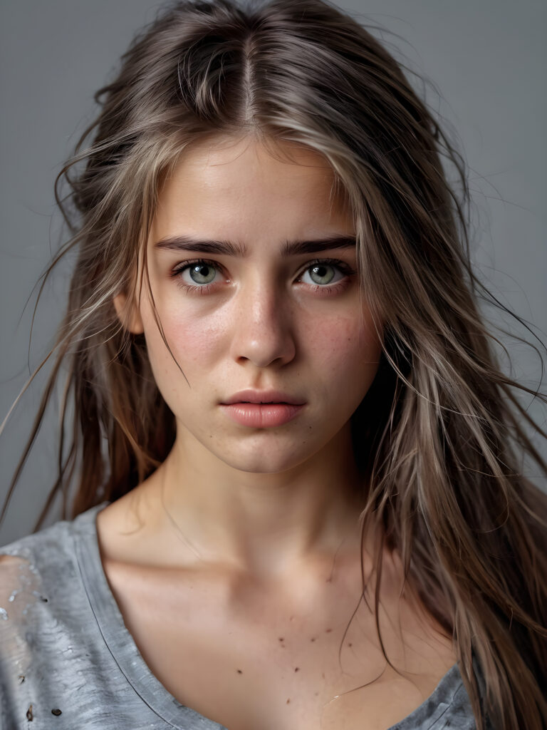 a young teen girl. She is poor and scantily tattered dressed. She cries. She is alone. Her long straight hair is disheveled and dirty. She looks sadly into the camera. ((realistic, detailed photo)), grey background