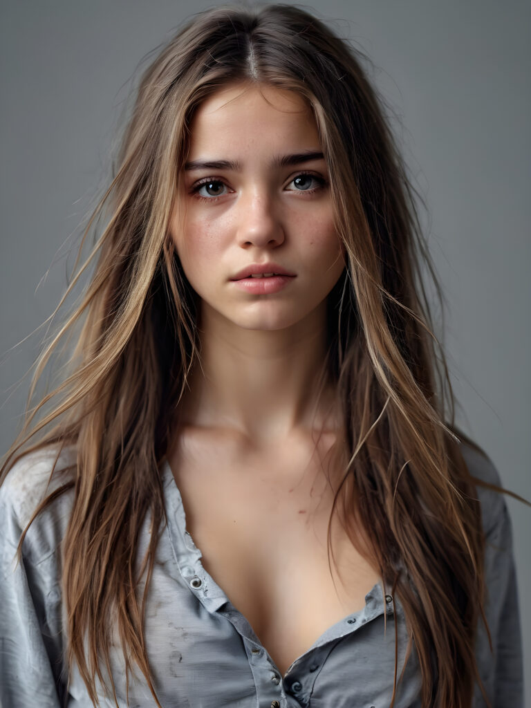 a young teen girl. She is poor and scantily tattered dressed. She cries. She is alone. Her long straight hair is disheveled and dirty. She looks sadly into the camera. ((realistic, detailed photo)), grey background