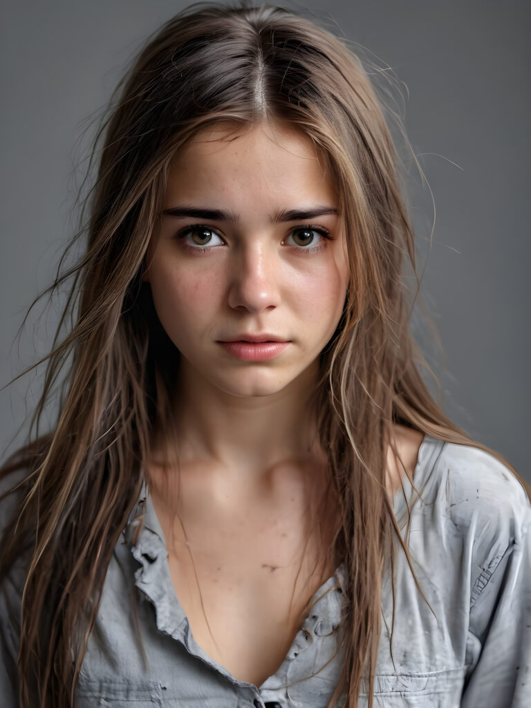 a young teen girl. She is poor and scantily tattered dressed. She cries. She is alone. Her long straight hair is disheveled and dirty. She looks sadly into the camera. ((realistic, detailed photo)), grey background