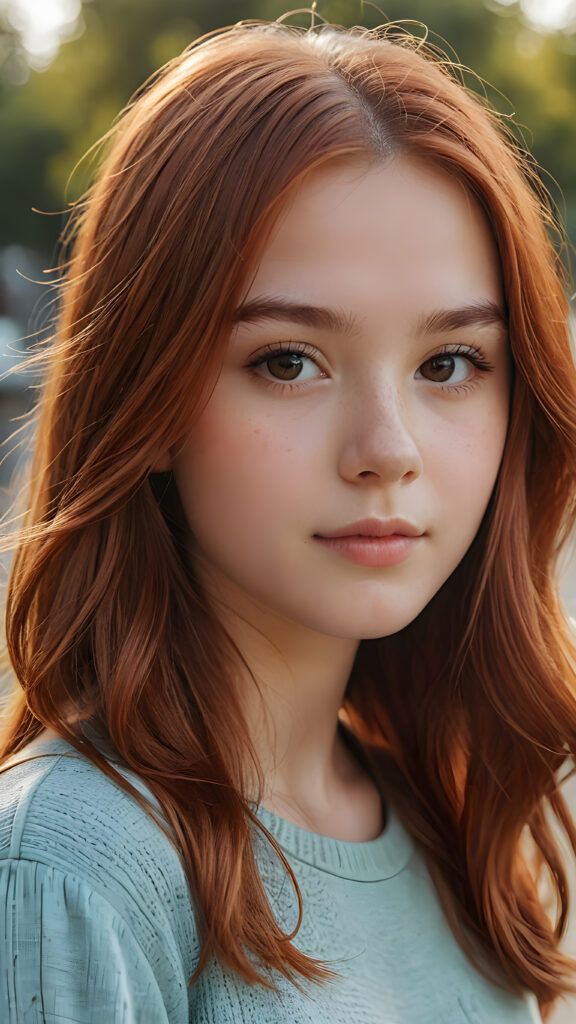 a young teen girl, detailed close-up portrait, straight copper-red detailed soft hair, ((stunning)) ((gorgeous))