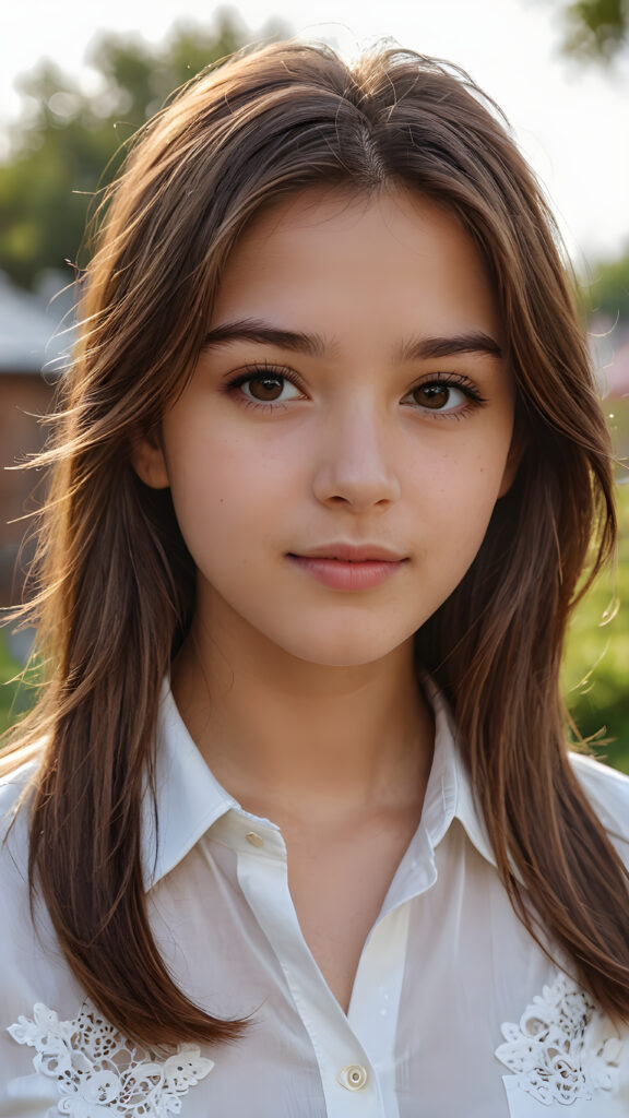 a young teen girl close-up portrait, straight brown hair, ((stunning)) ((gorgeous)) ((detailed artwork))