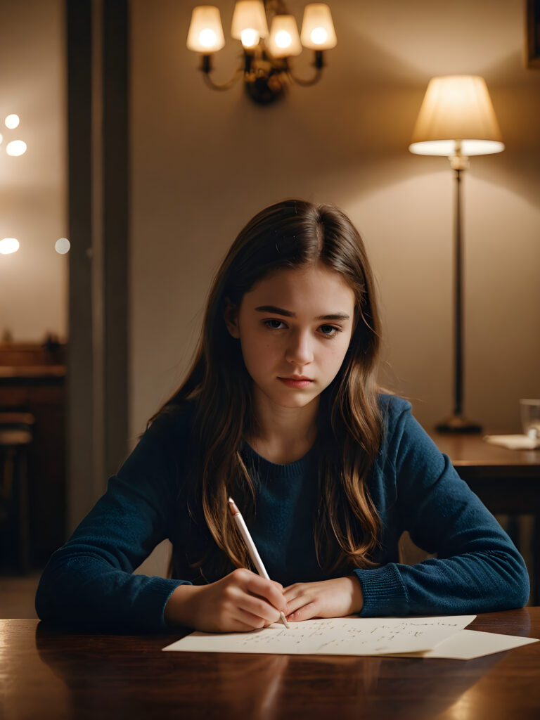 a young teen girl sits at a table and writes a letter. She looks sad. Dim light illuminates the room and creates a mysterious atmosphere.