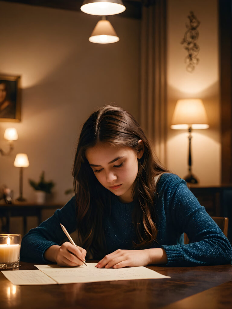 a young teen girl sits at a table and writes a letter. She looks sad. Dim light illuminates the room and creates a mysterious atmosphere.