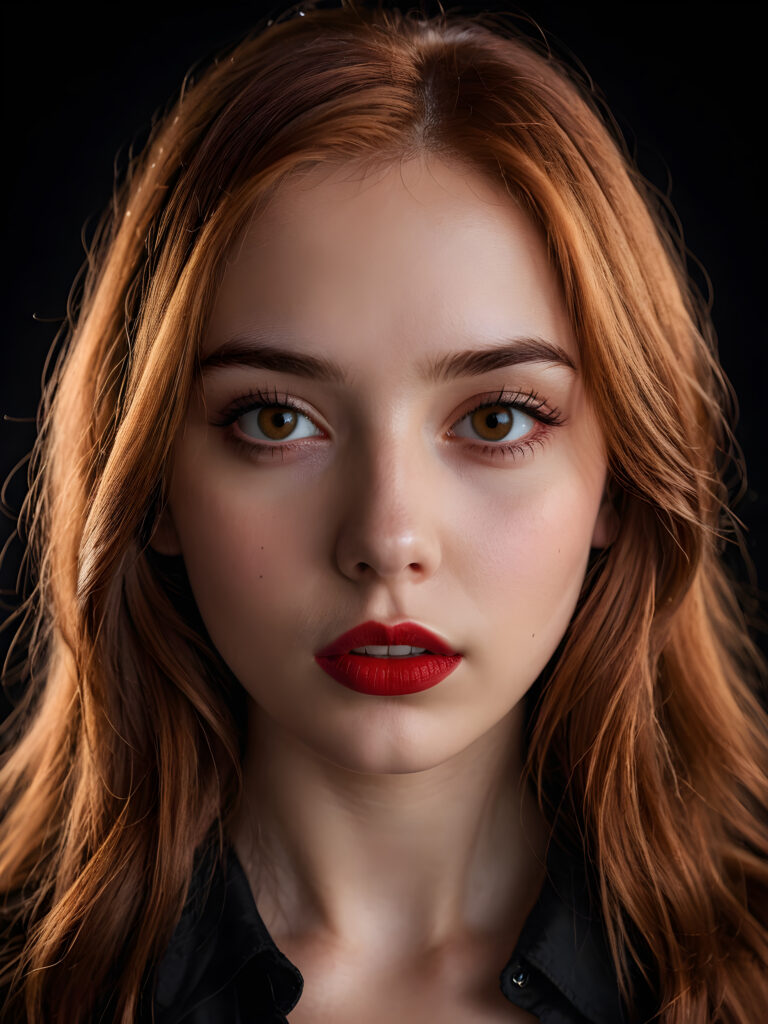 a young teen girl ((stunning)) ((gorgeous)) ((detailed close-up portrait)) ((dark black background)) ((weak light illuminates the image)) ((amber eyes)) ((straight hair)) ((red hair)), she has her mouth slightly open and looks seductively at the viewer, ((full red lips))