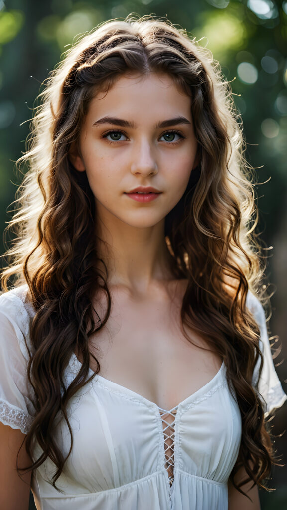 a young teen girl, ((detailed wavy hair)), perfect face, white cropped top, ((the grand sorceress))