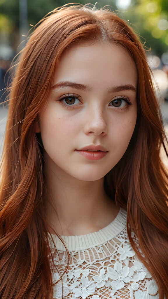 a young teen girl, detailed close-up portrait, straight copper-red detailed soft hair, ((stunning)) ((gorgeous))