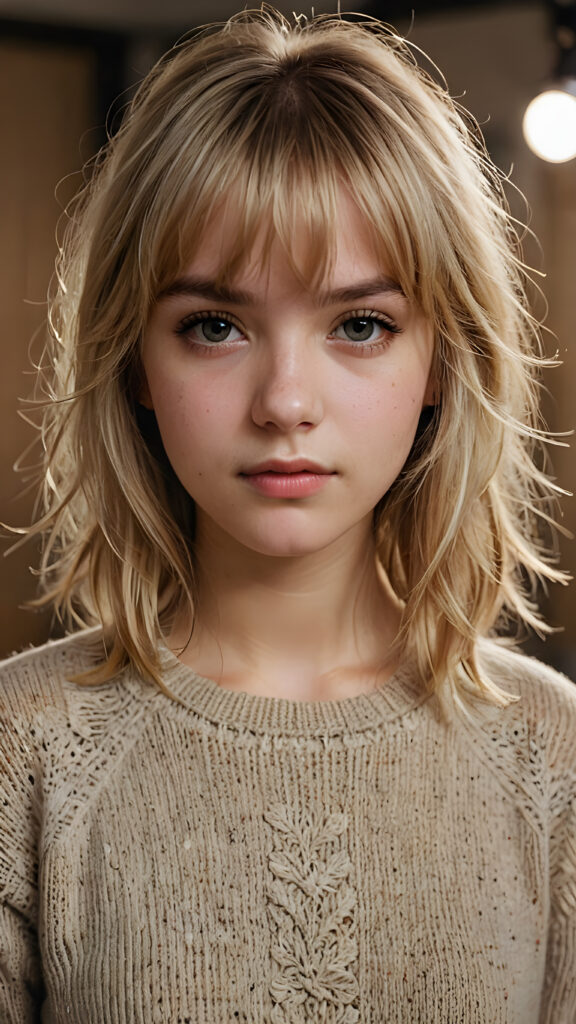 a young teenage girl with a (disheveled blonde straight hairstyle, bangs cut, and dirty face), whose eyes shine with a troubled mind, she wears a plain thin sweater, set against a backdrop of meticulously drawn, detailed intricacies that give off a (sharp focus), against a luxurious studio atmosphere