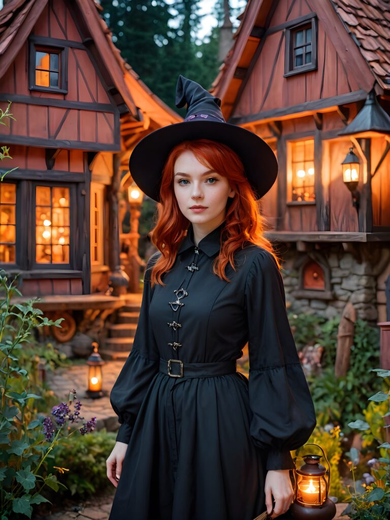 a (((young witch))) with red hair and captivating potion-making, set against a backdrop of a (((witch house))), its shapes and lines abstracted and softly illuminated in a (((gentle, inviting light))), as if emanating from a (close-up) shot, with highly detailed details that bring the scene to life