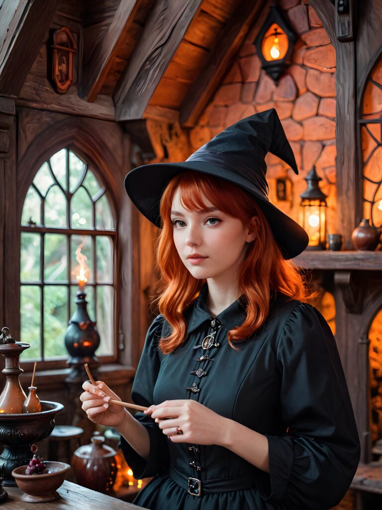 a (((young witch))) with red hair and captivating potion-making, set against a backdrop of a (((witch house))), its shapes and lines abstracted and softly illuminated in a (((gentle, inviting light))), as if emanating from a (close-up) shot, with highly detailed details that bring the scene to life