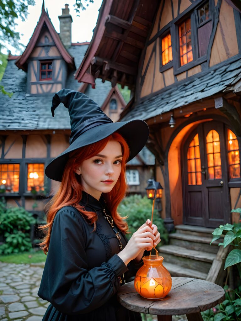 a (((young witch))) with red hair and captivating potion-making, set against a backdrop of a (((witch house))), its shapes and lines abstracted and softly illuminated in a (((gentle, inviting light))), as if emanating from a (close-up) shot, with highly detailed details that bring the scene to life