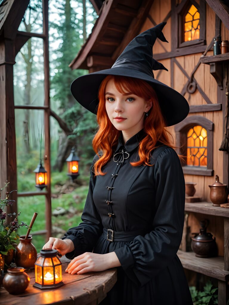 a (((young witch))) with red hair and captivating potion-making, set against a backdrop of a (((witch house))), its shapes and lines abstracted and softly illuminated in a (((gentle, inviting light))), as if emanating from a (close-up) shot, with highly detailed details that bring the scene to life