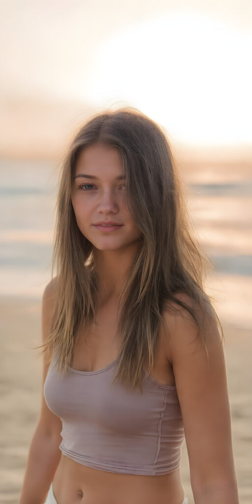 a young woman, 17 years old, on an beach, stand in the fine sand, sunset, beautiful, stunning, gorgeous, perfect light, happiness, she has long straight fine soft brown hair, ((wears a short cropped tank top))