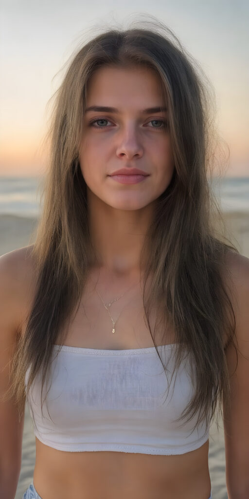 a young woman, 17 years old, on an beach, stand in the fine sand, sunset, beautiful, stunning, gorgeous, perfect light, happiness, she has long straight fine soft brown hair, ((wears a short cropped tank top))