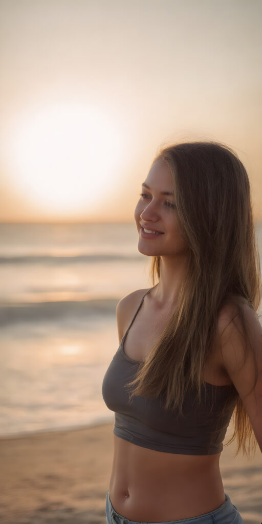 a young woman, 17 years old, on an beach, stand in the fine sand, sunset, beautiful, stunning, gorgeous, perfect light, happiness, she has long straight fine soft brown hair, ((wears a short cropped tank top))