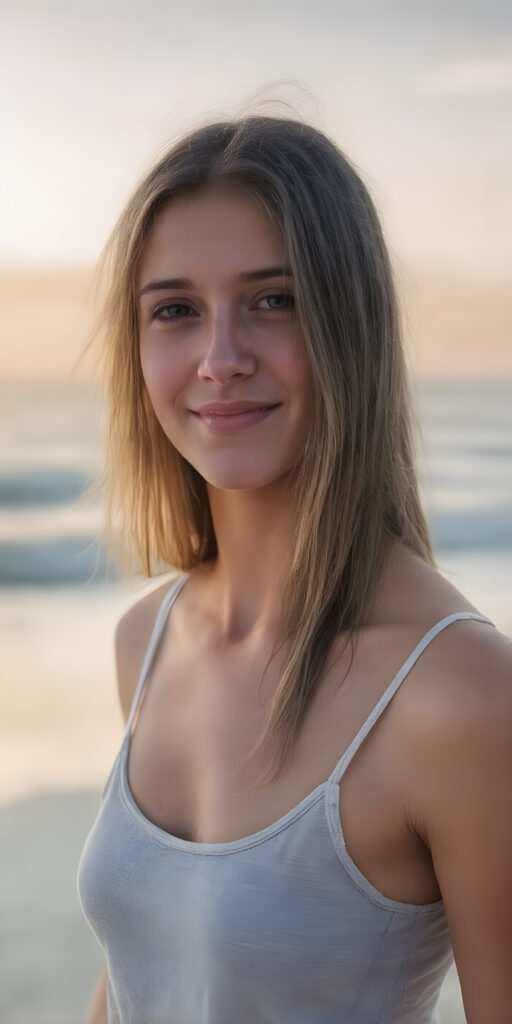 a young woman, 17 years old, on an beach, stand in the fine sand, sunset, beautiful, stunning, gorgeous, perfect light, happiness, she has long straight fine soft brown hair, ((wears a short cropped tank top))