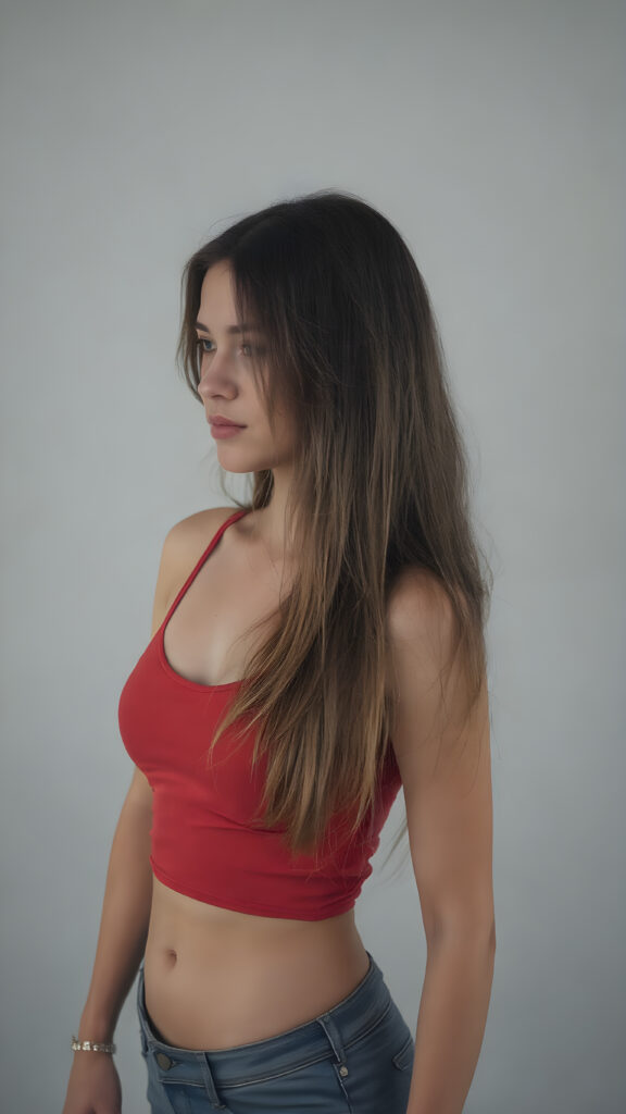 a young woman wears a tight red tank top, perfect body, long hair, grey backdrop, side view