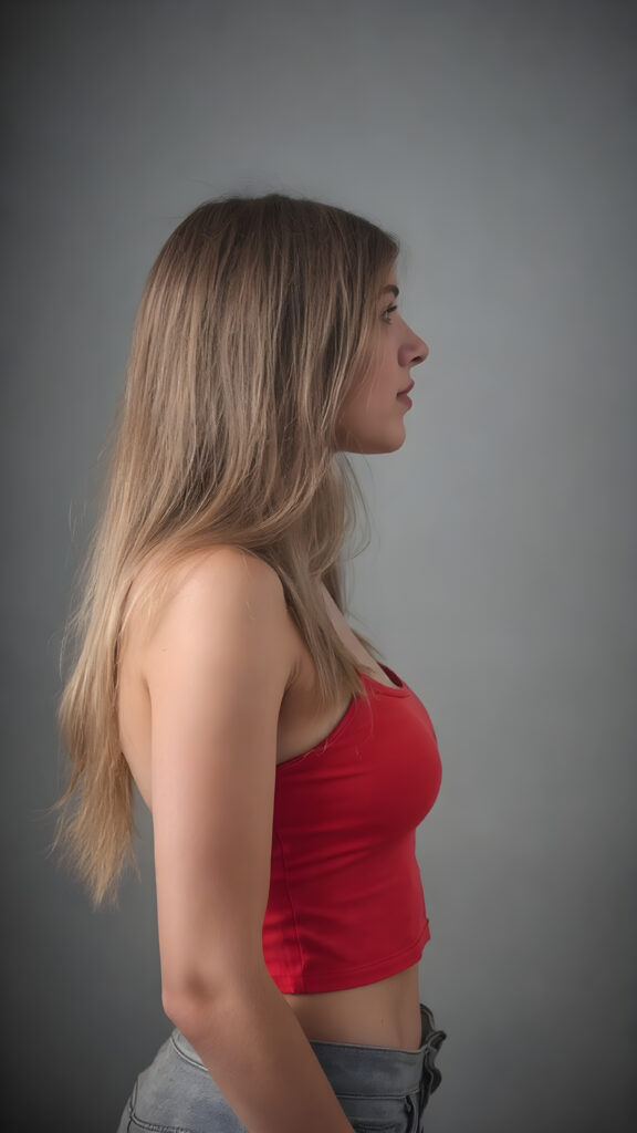 a young woman wears a tight red tank top, perfect body, long hair, grey backdrop, side view