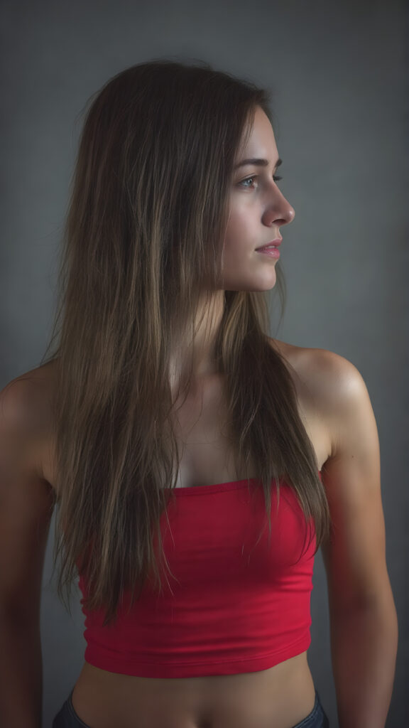 a young woman wears a tight red tank top, perfect body, long hair, grey backdrop, side view