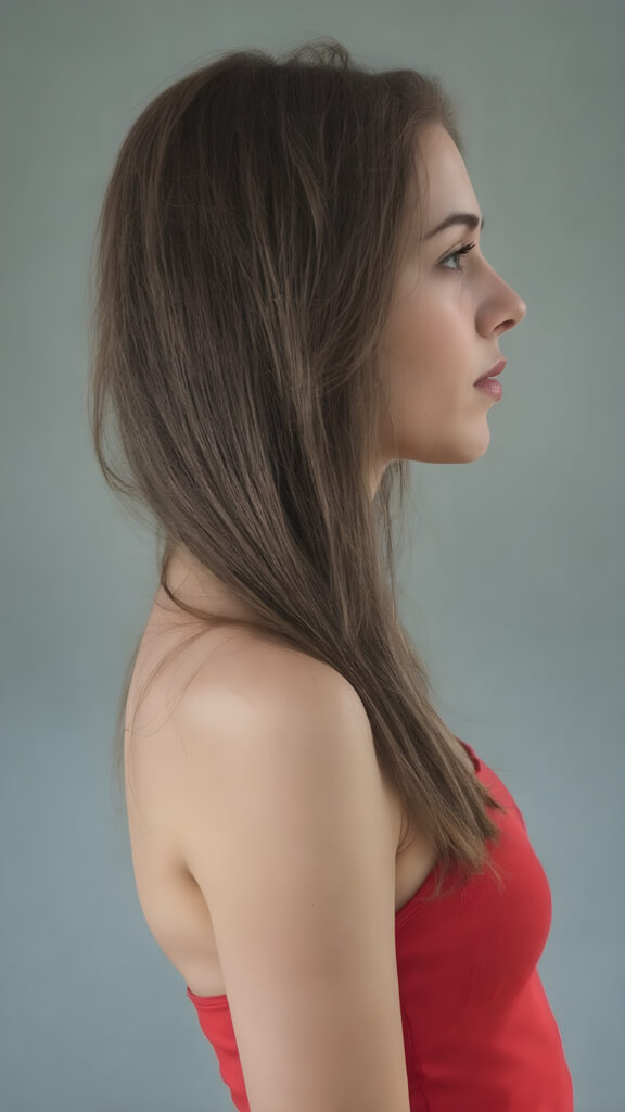 a young woman wears a tight red tank top, perfect body, long hair, grey backdrop, side view