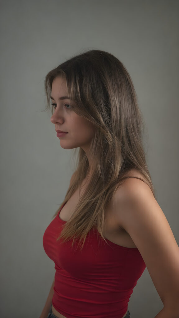 a young woman wears a tight red tank top, perfect body, long hair, grey backdrop, side view