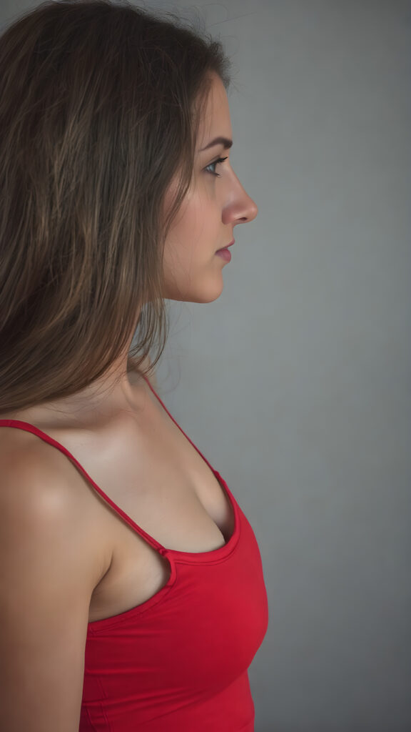 a young woman wears a tight red tank top, perfect body, long hair, grey backdrop, side view