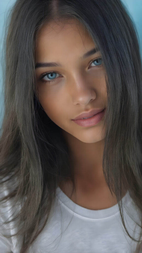 a (((zoomed-in, realistic full body shot))) of a (((stunningly beautiful natural girl))), with ((long, straight jet black hair)) that flows down in a softly swirling, her face has ((glancing silver-white eyes)), ((warm smile)), her (((natural skin))), together with (((elegant, intricate details))) that capture an air of (((high realism))). (((Light blue background))). Her (((upper body))), with a (((tight white t-shirt))), paired with (((white, detailed, vividly blue eyes))), contrasting against the (((open, light blue background))). (((Vibrant colors, warm lighting)))