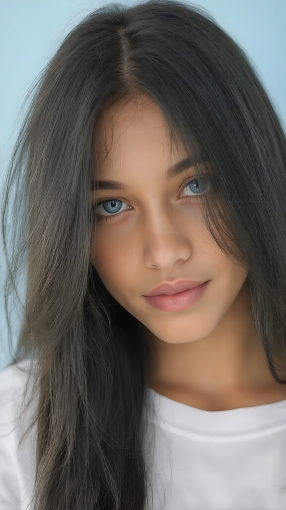 a (((zoomed-in, realistic full body shot))) of a (((stunningly beautiful natural girl))), with ((long, straight jet black hair)) that flows down in a softly swirling, her face has ((glancing silver-white eyes)), ((warm smile)), her (((natural skin))), together with (((elegant, intricate details))) that capture an air of (((high realism))). (((Light blue background))). Her (((upper body))), with a (((tight white t-shirt))), paired with (((white, detailed, vividly blue eyes))), contrasting against the (((open, light blue background))). (((Vibrant colors, warm lighting)))