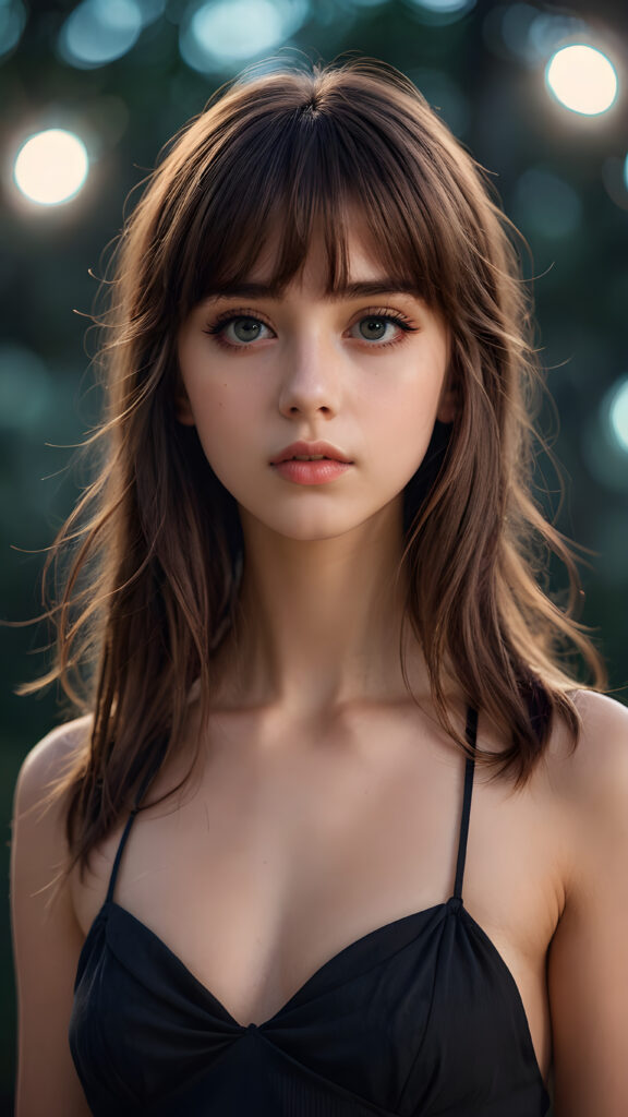 against a plain backdrop, full body, character design, beautiful teen girl with long soft hair and bangs, short cropped halter, full lips, big eyes, gloomy and eerie, volumetric light