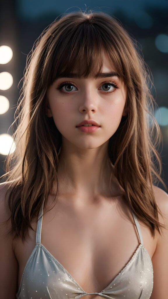 against a plain backdrop, full body, character design, beautiful teen girl with long soft hair and bangs, short cropped halter, full lips, big eyes, gloomy and eerie, volumetric light