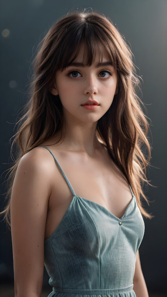 against a plain backdrop, full body, character design, beautiful teen girl with long soft hair and bangs, short cropped halter, full lips, big eyes, gloomy and eerie, volumetric light