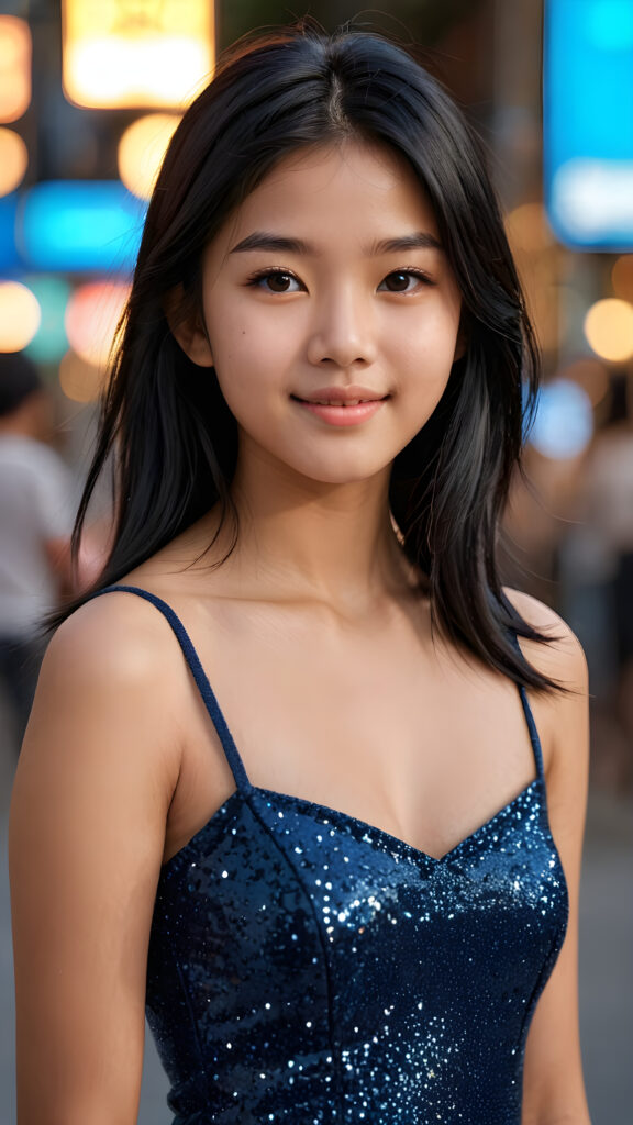 an Asia teen girl, 14 years old, ((realistic detailed, shiny, straight black hair)), realistic face, perfect curved body, lightly dressed, beautiful saturation, ultra high resolution, deep shadow, (best quality, masterpiece), highly detailed, looking at viewer, warm smile, 4k, ((portrait shot)) (((gorgeous))) ((attractive)) ((stunning))