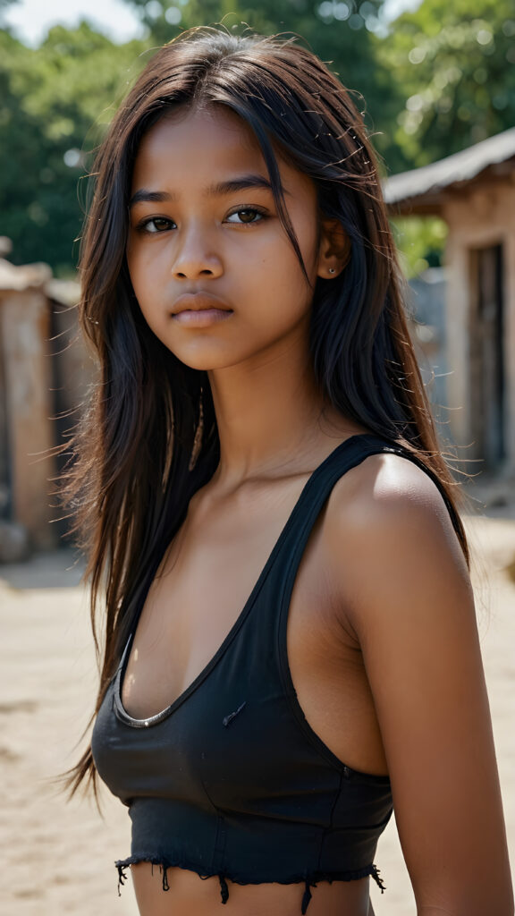 an Exotic dark-skinned teen girl, long straight hair, 14 years old, ((round face)), looks seductively, ((tattered crop black tank top)), perfect curved body, (stunning) (gorgeous) ((detailed)) ((side view))