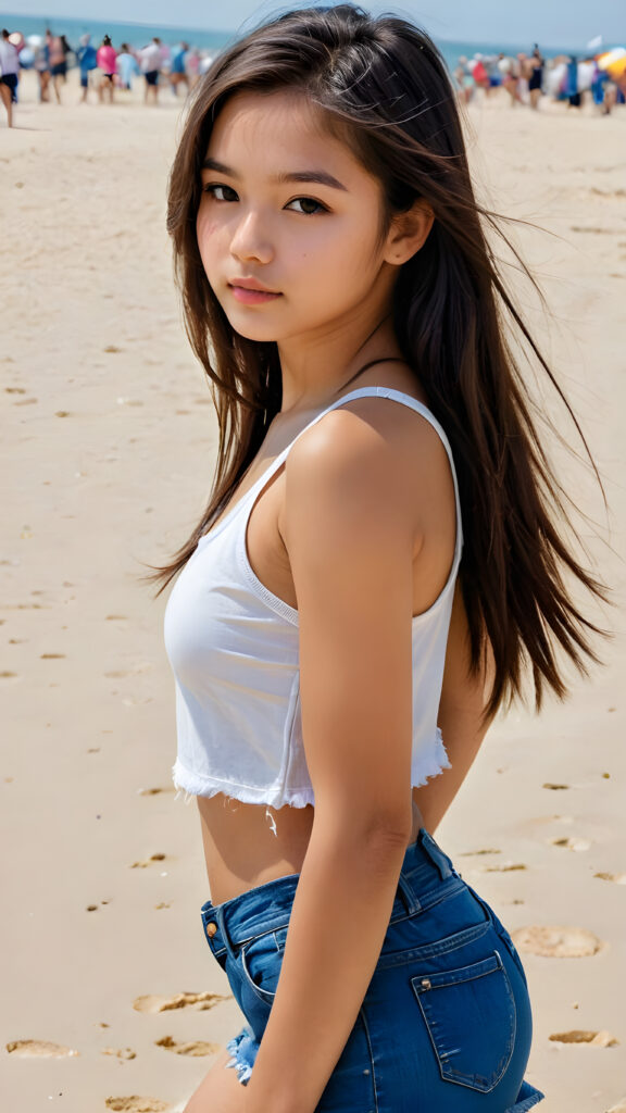 an Exotic teen girl, long straight hair, 14 years old, ((round face)), looks seductively, ((tattered crop tank top)), perfect body, (stunning) (gorgeous) (on a sandy beach) ((detailed))