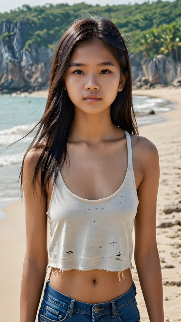 an Indonesian teen girl, long straight hair, 14 years old, ((round face)), looks seductively, ((tattered crop tank top)), perfect body, (stunning) (gorgeous) (on a sandy beach) ((detailed))