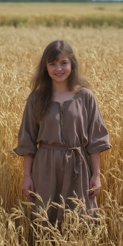 an adult girl from the Middle Ages stands in a sunny wheat field, wearing a traditional short robe. Her long hair is disheveled and falls over her shoulders, she looks very happy