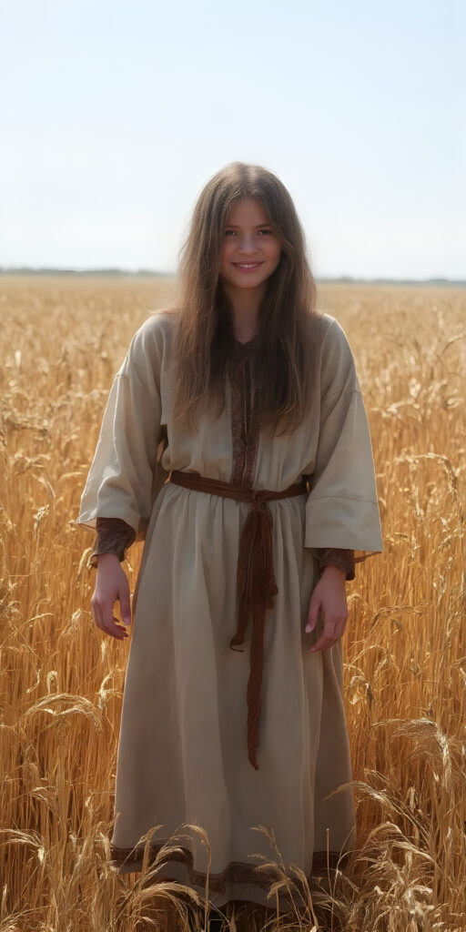 an adult girl from the Middle Ages stands in a sunny wheat field, wearing a traditional short robe. Her long hair is disheveled and falls over her shoulders, she looks very happy