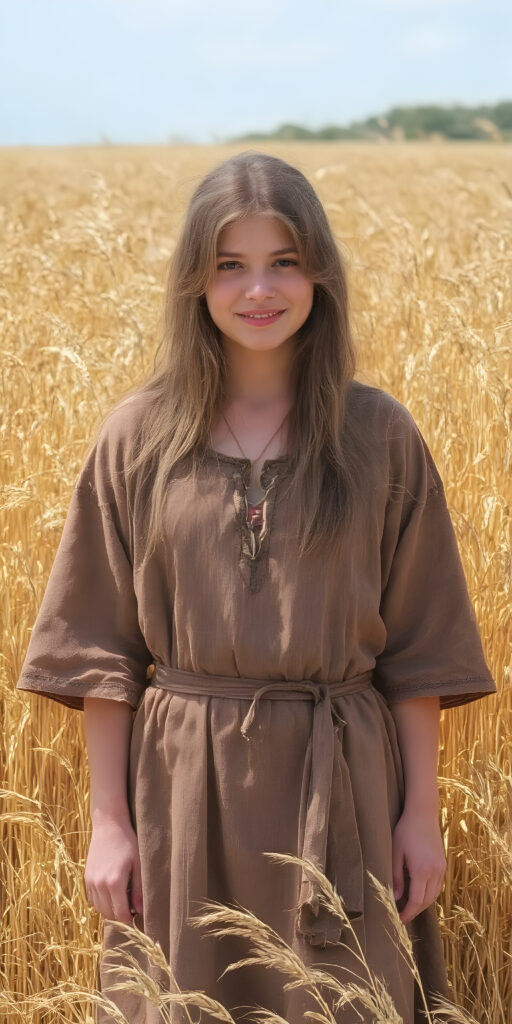 an adult girl from the Middle Ages stands in a sunny wheat field, wearing a traditional short robe. Her long hair is disheveled and falls over her shoulders, she looks very happy