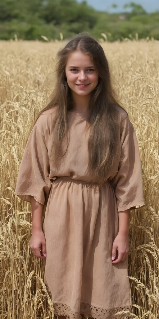 an adult girl from the Middle Ages stands in a sunny wheat field, wearing a traditional short robe. Her long hair is disheveled and falls over her shoulders, she looks very happy