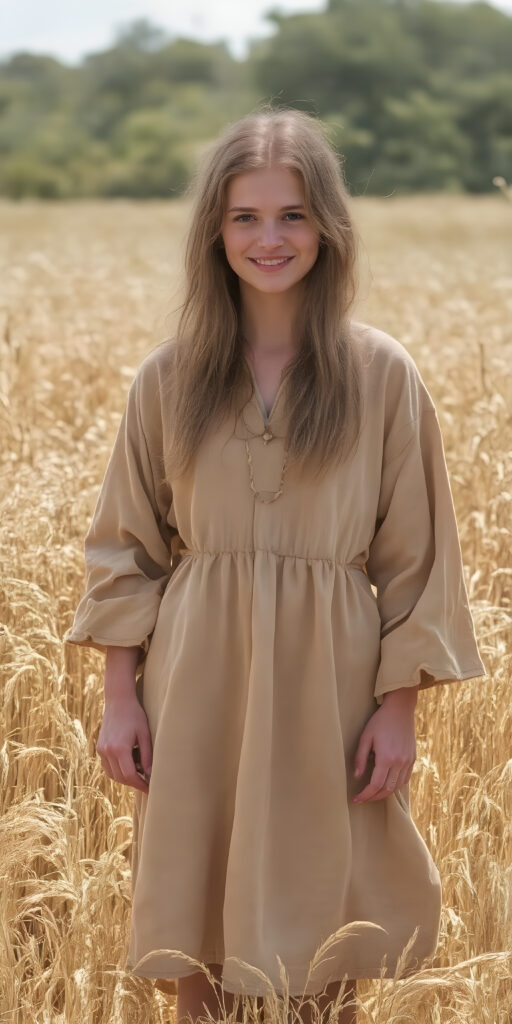 an adult girl from the Middle Ages stands in a sunny wheat field, wearing a traditional short robe. Her long hair is disheveled and falls over her shoulders, she looks very happy