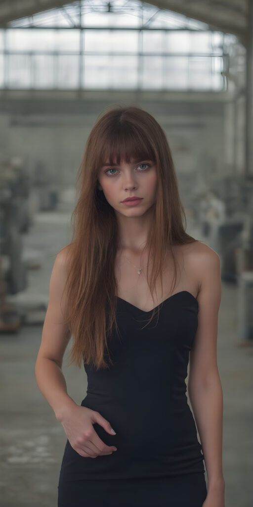 an adult girl with long red silky hair wears a black short cocktail dress. She is standing in a large, empty factory hall and looks seductive to the viewer.